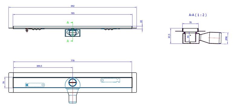CONCEPT 50 sprchový žľab 785 mm, do priestoru, bočný odtok pr. 50 mm, bez roštu, nerez oceľ 413959 Technický nákres