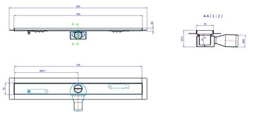 CONCEPT 50 sprchový žľab 785 mm, do priestoru, bočný odtok pr. 50 mm, bez roštu, nerez oceľ 413959 Technický nákres
