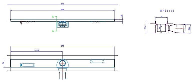 CONCEPT 50 sprchový žľab 885 mm, do priestoru, bočný odtok pr. 50 mm, bez roštu, nerez oceľ 413960 Technický nákres