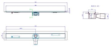 CONCEPT 50 sprchový žľab 885 mm, do priestoru, bočný odtok pr. 50 mm, bez roštu, nerez oceľ 413960 Technický nákres