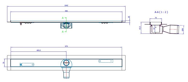 CONCEPT 50 sprchový žľab 985 mm, do priestoru, bočný odtok pr. 50 mm, bez roštu, nerez oceľ 413961 Technický nákres