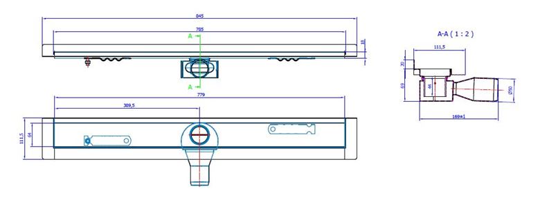 CONCEPT 50 sprchový žľab 785 mm, k stene, bočný odtok pr. 50 mm, bez roštu, nerez oceľ 413962 Technický nákres