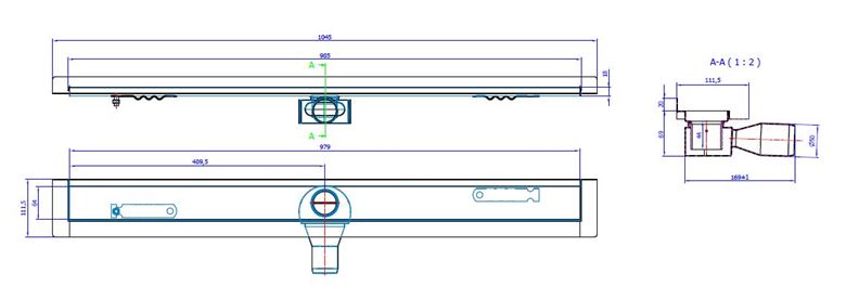 CONCEPT 50 sprchový žľab 985 mm, k stene, bočný odtok pr. 50 mm, bez roštu, nerez oceľ 413964 Technický nákres