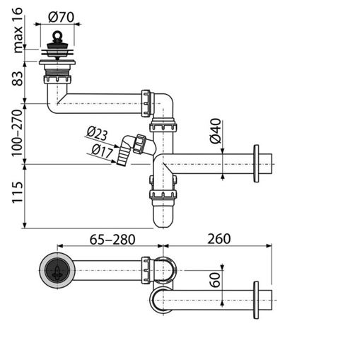 ALCA A870P drezový sifón DN40, s prípojkou a výpustom A870P-DN40 Technický nákres