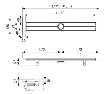 CONCEPT 200 sprchový žľab 700 mm, do priestoru, bez odtoku, bez roštu, nerez oceľ 600700620 Technický nákres