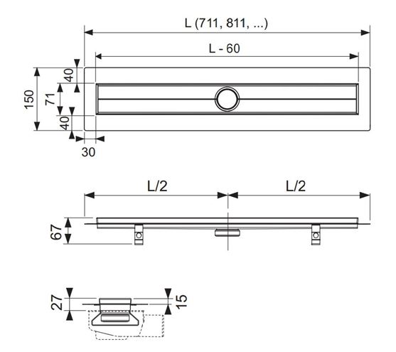 CONCEPT 200 sprchový žľab 700 mm, do priestoru, bez odtoku, bez roštu, nerez oceľ 600700620 Technický nákres