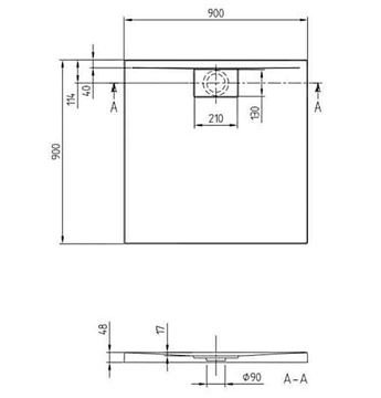 VILLEROY & BOCH ARCHITECTURA sprchová vanička 90x90 cm, akrylát, bez nožičiek, alpská biela UDA9090ARA148V-01 Technický nákres