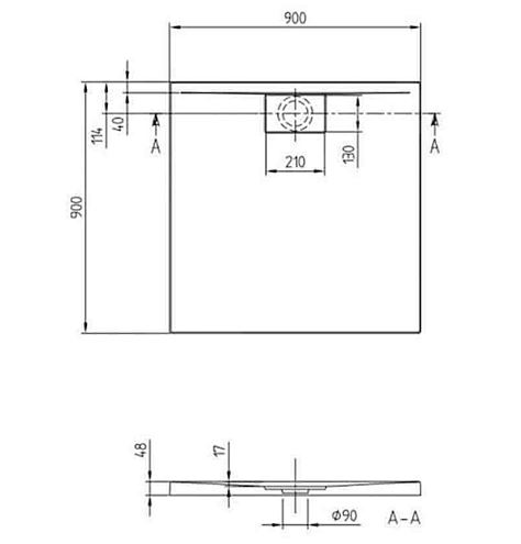 VILLEROY & BOCH ARCHITECTURA sprchová vanička 90x90 cm, akrylát, bez nožičiek, alpská biela UDA9090ARA148V-01 Technický nákres