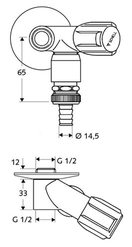 SCHELL COMFORT vedľajší pripojovací ventil 1/2"x1/2"x3/4", chróm 033130699 Technický nákres