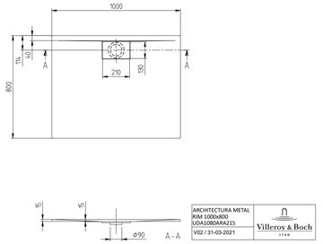 VILLEROY & BOCH ARCHITECTURA sprchová vanička 100x80 cm, akrylát, bez nožičiek, alpská biela, VilboGrip UDA1080ARA215GV-01 Technický nákres