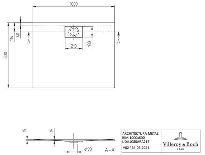 VILLEROY & BOCH ARCHITECTURA sprchová vanička 100x80 cm, akrylát, bez nožičiek, alpská biela, VilboGrip UDA1080ARA215GV-01 Technický nákres