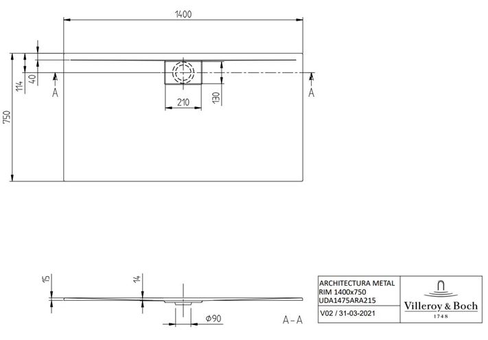 VILLEROY & BOCH ARCHITECTURA sprchová vanička 140x75 cm, akrylát, bez nožičiek, alpská biela, VilboGrip UDA1475ARA215GV-01 Technický nákres