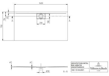 VILLEROY & BOCH ARCHITECTURA sprchová vanička 140x75 cm, akrylát, bez nožičiek, alpská biela, VilboGrip UDA1475ARA215GV-01 Technický nákres