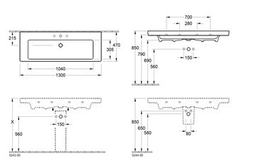 VILLEROY & BOCH SUBWAY 2.0 umývadlo 130 cm, s otvorom pre batériu a prepadom, alpská biela 7176D001 Technický nákres
