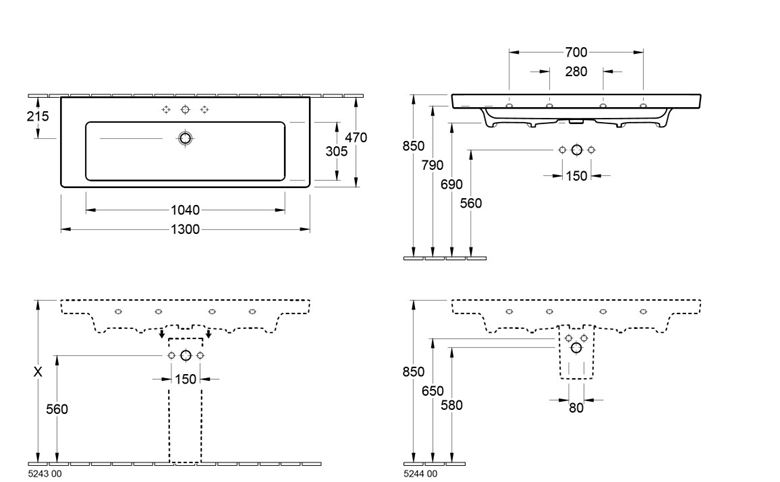 VILLEROY & BOCH SUBWAY 2.0 umývadlo 130 cm, s otvorom pre batériu a prepadom, alpská biela 7176D001 Technický nákres