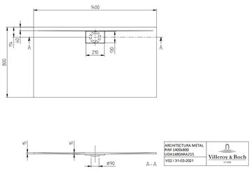 VILLEROY & BOCH ARCHITECTURA sprchová vanička 140x80 cm, akrylát, bez nožičiek, alpská biela, VilboGrip UDA1480ARA215GV-01 Technický nákres