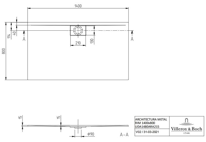 VILLEROY & BOCH ARCHITECTURA sprchová vanička 140x80 cm, akrylát, bez nožičiek, alpská biela, VilboGrip UDA1480ARA215GV-01 Technický nákres