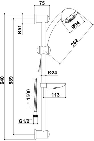 RAF MARINE sprchová súprava 4-dielna, ručná sprcha pr. 94 mm, 5 prúdov, tyč, hadica, mydelnička, chróm SK501 Technický nákres