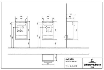 VILLEROY & BOCH AVENTO skrinka pod umývadlo 34x23,4x51,4 cm, 1 dvierka, pánty vpravo, Crystal White A87601B4 Technický nákres