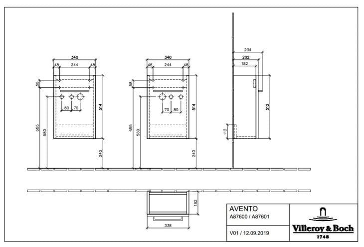 VILLEROY & BOCH AVENTO skrinka pod umývadlo 34x23,4x51,4 cm, 1 dvierka, pánty vpravo, Crystal White A87601B4 Technický nákres