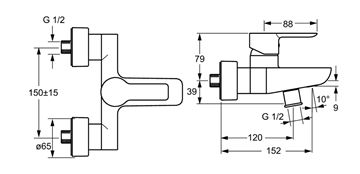 HANSA LIGNA vaňová nástenná batéria, s prepínačom, chróm 06742103 Technický nákres
