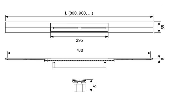 CONCEPT 300 vrchná sada sprchového žľabu 800 mm, skracovateľný, do priestoru aj k stene, kartáčovaná nerez oceľ 676300 Technický nákres