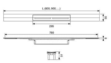 CONCEPT 300 vrchná sada sprchového žľabu 900 mm, skracovateľný, do priestoru aj k stene, kartáčovaná nerez oceľ 676301 Technický nákres