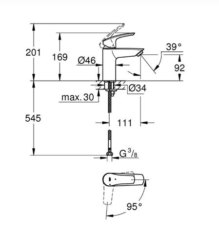 GROHE EUROSMART umývadlová stojanková batéria, studený štart, chróm 23974003 Technický nákres