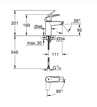 GROHE EUROSMART umývadlová stojanková batéria, studený štart, chróm 23974003 Technický nákres