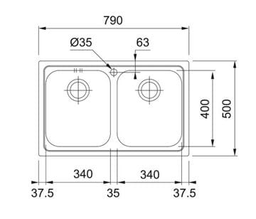 FRANKE LOGICA LLX 620 nerezový drez 790x500 mm, otvor pre batériu 101.0199.870 Technický nákres