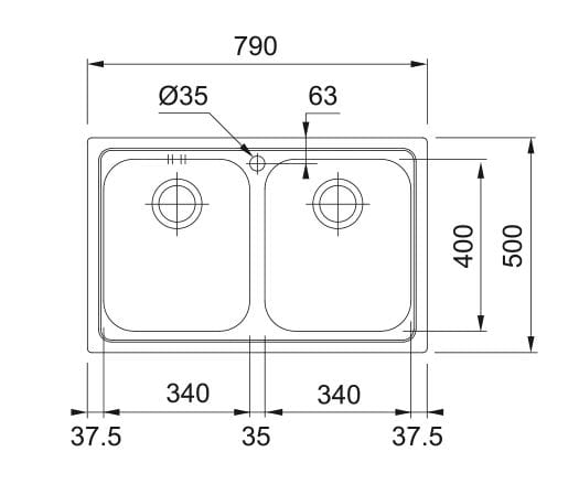 FRANKE LOGICA LLX 620 nerezový drez 790x500 mm, otvor pre batériu 101.0199.870 Technický nákres