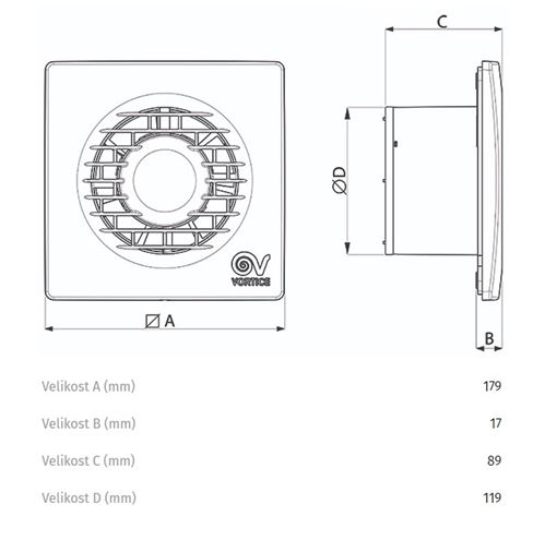 VORTICE PUNTO FILO MF 120/5" axiálny ventilátor 120 mm, nástenný/stropný, so spätnou klapkou 11124 Technický nákres