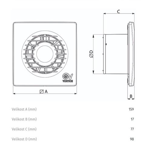 VORTICE PUNTO FILO MF 100/4" T axiálny ventilátor 100 mm, nástenný/stropný, s časovačom a spätnou klapkou 11127 Technický nákres