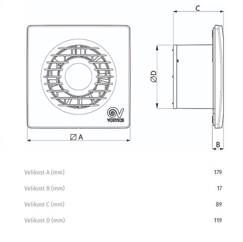 VORTICE PUNTO FILO MF 120/5" T axiálny ventilátor 120 mm, nástenný/stropný, s časovačom a spätnou klapkou 11128 Technický nákres