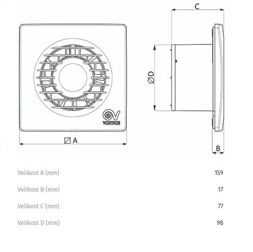 VORTICE PUNTO FILO MF 100/4" T HCS LL axiálny ventilátor 100 mm, nástenný/stropný, s časovačom, čidlom vlhkosti a spätnou klapkou 11139 Technický nákres