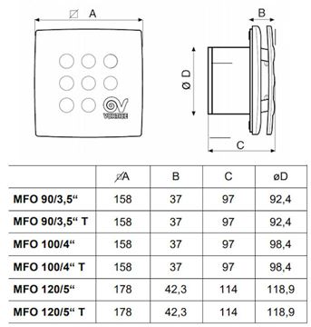 VORTICE PUNTO FOUR MFO 100/4" axiálny ventilátor 100 mm, nástenný/stropný, so spätnou klapkou 11145 Technický nákres