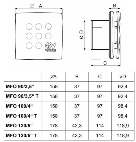 VORTICE PUNTO FOUR MFO 100/4" axiálny ventilátor 100 mm, nástenný/stropný, so spätnou klapkou 11145 Technický nákres