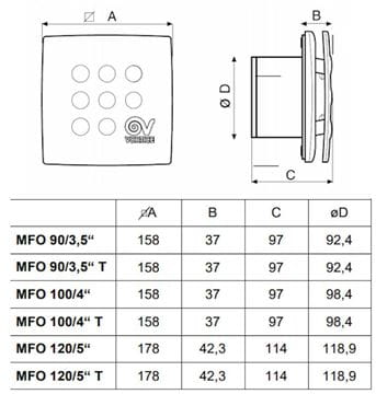 VORTICE PUNTO FOUR MFO 120/5" axiálny ventilátor 120 mm, nástenný/stropný, so spätnou klapkou 11147 Technický nákres