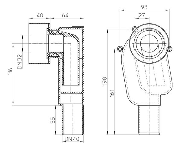 HL podomietkový sifón k umývadlu DN40 HL134.0/40 Technický nákres