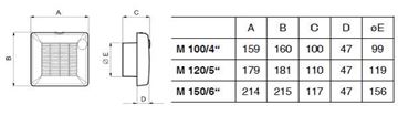VORTICE PUNTO M 120/5" A axiálny ventilátor 120 mm, nástenný/stropný, so žalúziou 11321 Technický nákres