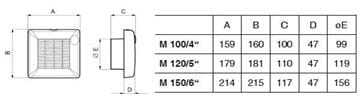 VORTICE PUNTO M 150/6" A axiálny ventilátor 150 mm, nástenný/stropný, so žalúziou 11421 Technický nákres