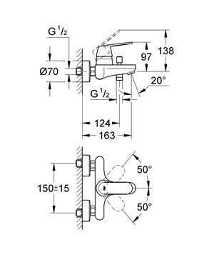 GROHE EUROSMART COSMOPOLITAN vaňová nástenná batéria, s prepínačom, chróm 32831000 Technický nákres