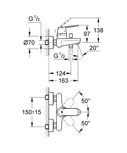 GROHE EUROSMART COSMOPOLITAN vaňová nástenná batéria, s prepínačom, chróm 32831000 Technický nákres