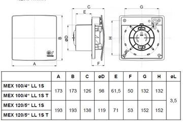 VORTICE PUNTO EVO FLEXO MEX 100/4" LL 1S axiálny ventilátor 100 mm, nástenný/stropný, so spätnou klapkou 11313 Technický nákres