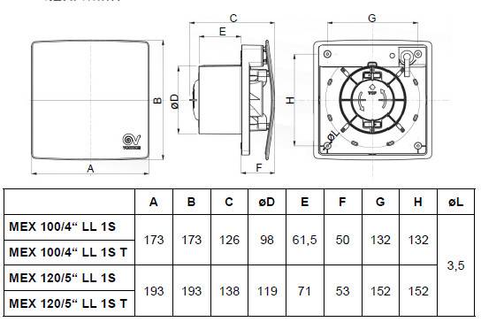 VORTICE PUNTO EVO FLEXO MEX 100/4" LL 1S T axiálny ventilátor 100 mm, nástenný/stropný, s časovačom a spätnou klapkou 11314 Technický nákres