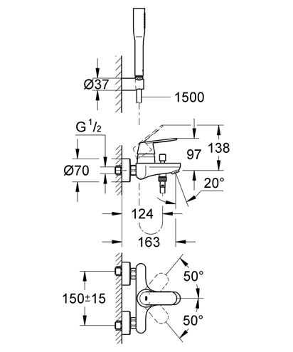GROHE EUROSMART COSMOPOLITAN vaňová nástenná batéria, s prepínačom, so sprchovou súpravou, chróm 32832000 Technický nákres
