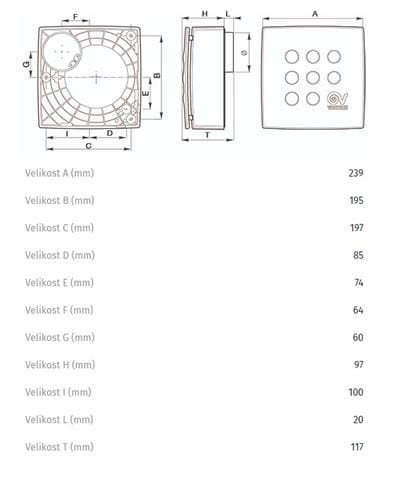 VORTICE QUADRO MICRO 100 T radiálny ventilátor 100 mm, nástenný/stropný, s časovačom a spätnou klapkou 11940 Technický nákres