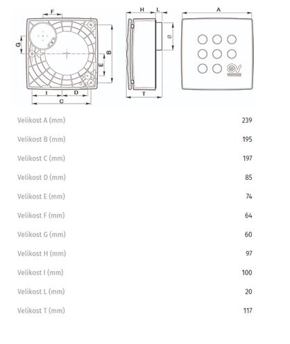 VORTICE VORT QUADRO MICRO 100 T HCS radiálny ventilátor 100 mm, nástenný/stropný, s časovačom, čidlom vlhkosti a spätnou klapkou 11945 Technický nákres