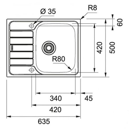 FRANKE SPARK SKN 611-63 nerezový drez 635x500 mm, otočný, odkvapkávač 101.0612.524 Technický nákres