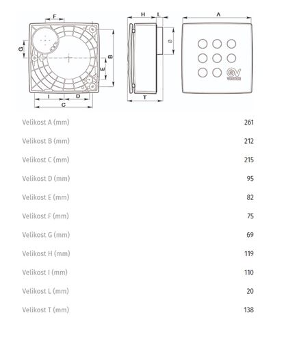 VORTICE QUADRO MEDIO T radiálny ventilátor 100 mm, nástenný/stropný, s časovačom a spätnou klapkou 11946 Technický nákres